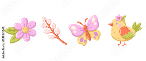 Spring elements set with flower, butterfly, bird and willow branch. Cartoon vector illustration on white background