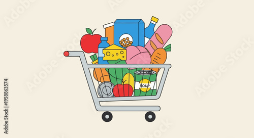 Flat Illustration of a Shopping Cart Full of Groceries, Fresh Produce, and Household Essentials for Supermarket and Healthy Living Concepts