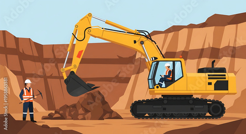 Construction and mining excavation with heavy machinery and worker in quarry