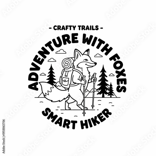 Cartoon Fox Wearing Backpack Hiking.