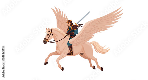A mythical warrior rides a majestic winged horse in a dynamic pose, symbolizing strength and freedom.