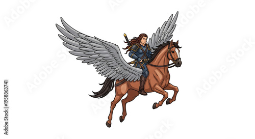 A mythical winged woman riding a horse in a dynamic pose, symbolizing freedom and power.
