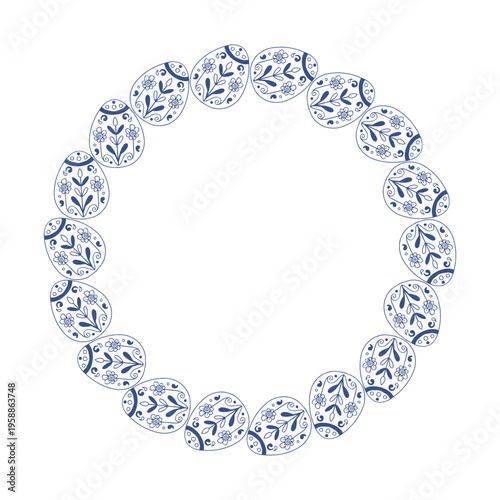 Minimal Easter eggs round frame with small floral pattern in Scandinavian blue line art style. Vector isolated illustration on white background.