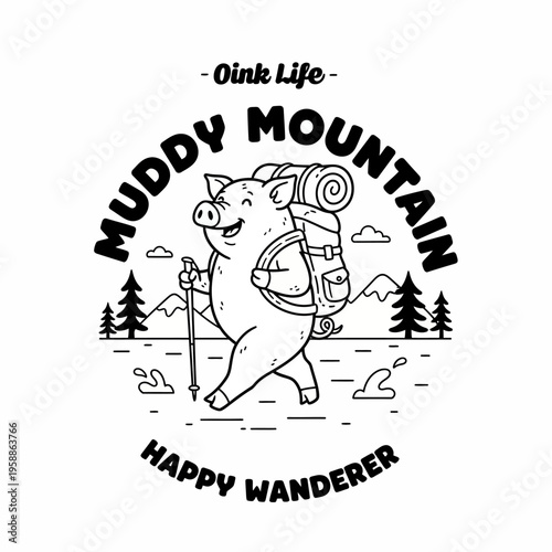 Pig with hiking backpack smiling.