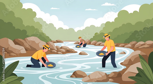 Gold Prospecting in a River People Panning for Gold in Nature with Mountains and Trees
