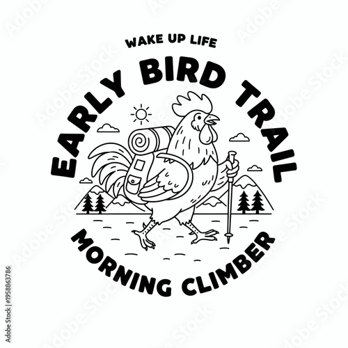 Rooster with hiking gear walking.