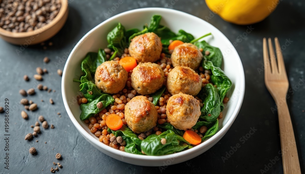 Fototapeta premium Turkey meatballs sit on bed of lentils and spinach. Fresh carrots add color and crunch. This balanced plate offers healthy protein and nutrients for a satisfying meal.