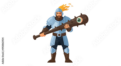 A cartoon illustration of a medieval knight in blue armor holding a large spiked club with a green eye on the end and flames on his helmet.