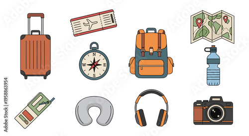 Travel icon set including luggage and headphones on a white background for adventure.