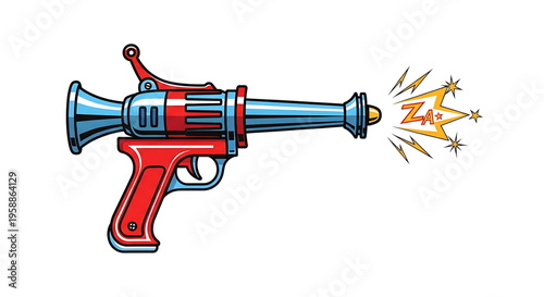A cartoon-style illustration of a red and blue toy gun firing a yellow starburst with lightning bolts and the word 'Zap' in a comic book style.