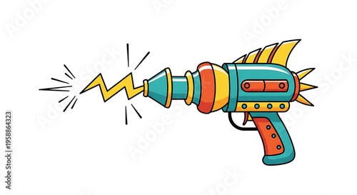 A colorful cartoon illustration of a futuristic ray gun with a lightning bolt effect