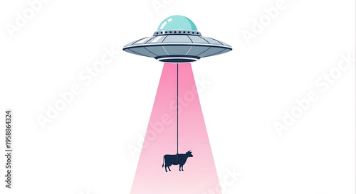 A vector graphic illustration of a UFO abducting a cow with a pink beam of light