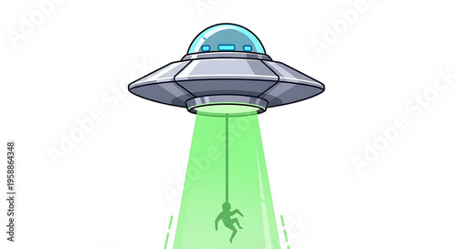 A cartoon illustration of a UFO abducting a person with a green beam