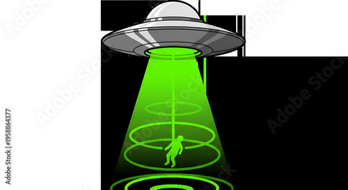 A vector graphic illustration of a UFO abducting a person with a green beam of light