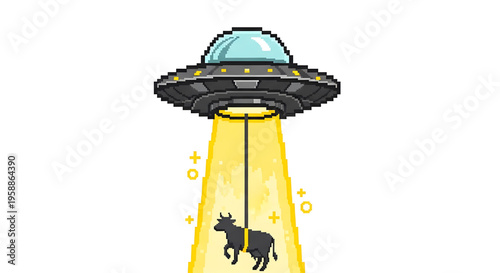 A pixel art illustration of a UFO abducting a cow with a beam of light