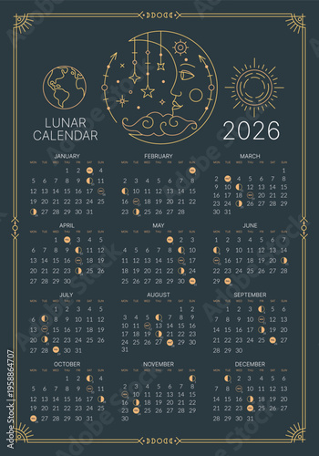 2026 Lunar Calendar, Moon Phase and Cycle Schedule Astrological pocket calendar design template. Lunar monthly cycle poster dark night background vector illustration