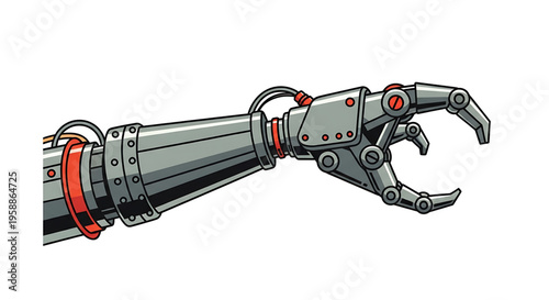 A robotic arm with a claw hand is depicted in a vector graphic illustration