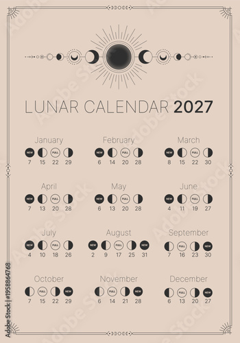Lunar map for 2027. Astrological calendar banner, poster, card, lunar chart. Lunar Phase Calendar. Moon calendar on a dark blue background. Vector illustration of the lunar calendar.