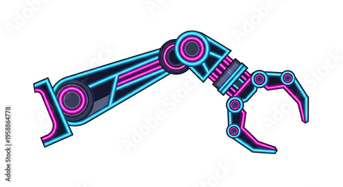 A futuristic robotic arm with neon pink and blue accents, designed as a vector graphic for technology and innovation concepts