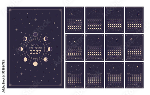 Lunar calendar for the year 2027, lunar phases schedule and cycles monthly planner template. Astrological Moon Phase wall Calendar Banner, Card, Poster Vector Illustration