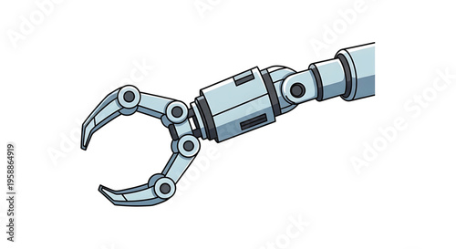 A robotic arm with a claw is depicted in a flat, minimal vector graphic illustration, showcasing a futuristic design