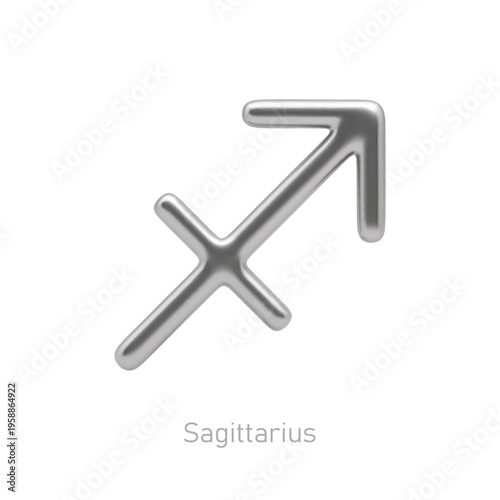 Sagittarius silver zodiac sign on white background. Star sign for astrology horoscope. Luxury zodiac stylized symbol. 3D realistic silver design of horoscope constellation sign vector illustration