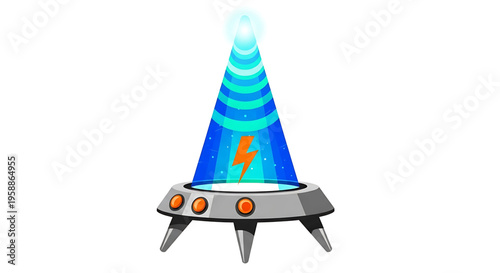 A futuristic vector graphic of a UFO spaceship with a glowing blue beam and orange lights, emitting a vibrant energy field.