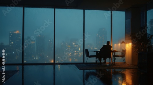 Man sits alone by a large window at night with city lights and rain outside