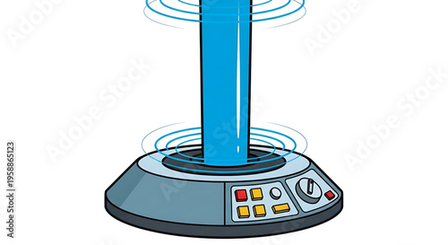 A vector graphic illustration of a futuristic blue energy device with a control panel