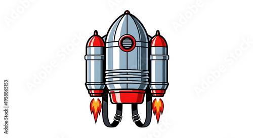 A cartoon-style vector graphic of a rocket ship with red and silver details, set against a white background.