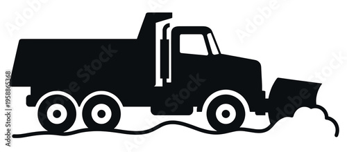 Heavy duty snow plow truck silhouette vector illustration clearing winter road, isolated on white background for winter maintenance graphic design.