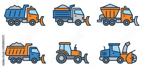 Winter road maintenance vehicle set vector, flat color icon collection featuring snow plow truck, salt spreader, tractor and snowblower.