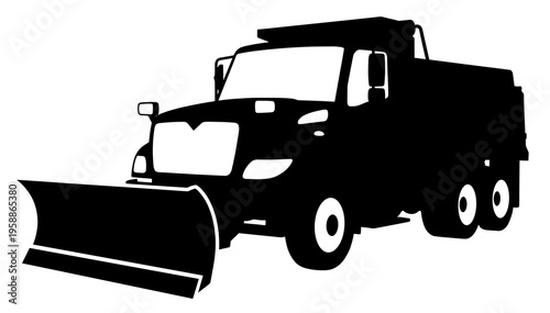 Detailed front view silhouette of heavy duty snow plow truck vector, commercial winter road clearing vehicle illustration for maintenance service.