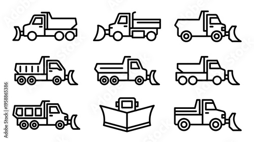 Collection of snow plow truck line icon set vector, linear outline style winter vehicle illustrations for road maintenance and clearing equipment.