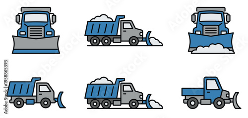 Set of blue snow plow truck icons vector, flat color outline winter vehicle illustrations for road clearing and municipal maintenance.