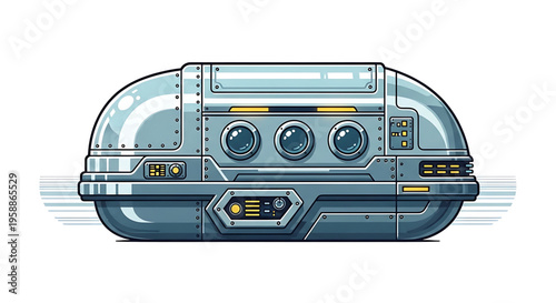 A futuristic spaceship control panel illustration with a metallic blue and gray design