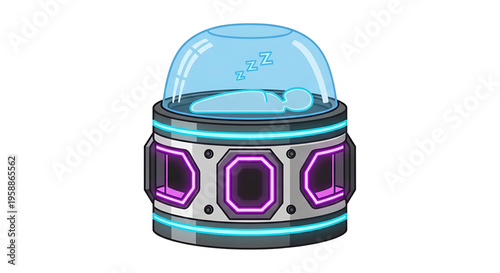 A futuristic robot sleeping peacefully in a cylindrical capsule with glowing purple and blue lights