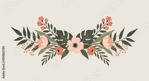 Pink flowers with green leaves arrangement.