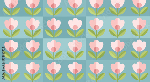 Pink Tulips in Green Leaves.