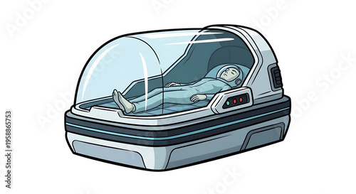 A person lies in a futuristic cryogenic pod for long-term space travel or medical preservation.