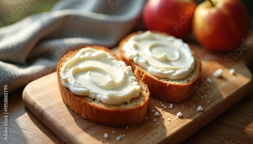 Two slices of toasted bread generously topped with creamy cheese spread sit on a wooden cutting board. Apples are blurred in the background. A simple, delicious, and healthy breakfast or snack idea.