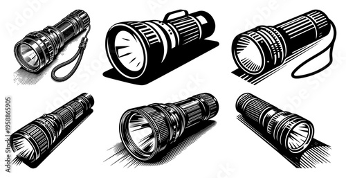 Flashlight and tactical torch icon set, handheld light source equipment for outdoor survival and security, black and white industrial power torch illustrations