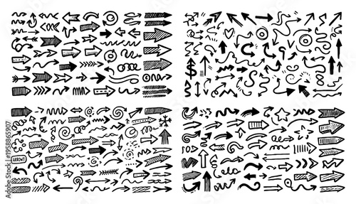 Mega collection of hand drawn arrows and directional doodles, black sketch pointers for infographics and web design, artistic scribble arrow symbols set