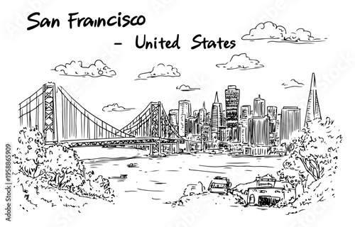San Francisco skyline sketch with bridge and city buildings, United States California travel destination hand drawn illustration, black and white urban landscape panorama