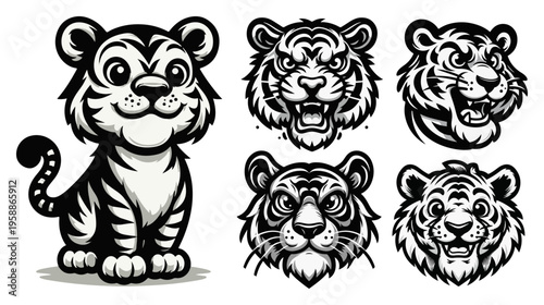 Tiger mascot character and head icons set, cute baby tiger and aggressive wild cat face expressions, black and white sports logo or tattoo design elements
