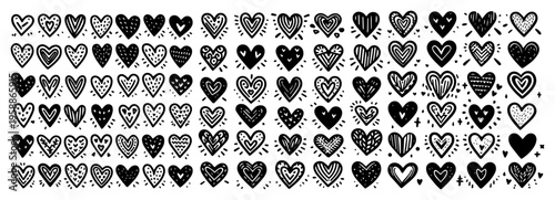 Mega set of hand drawn heart icons and sketches for Valentine's Day, black romantic love symbols collection, cute wedding doodle elements for greeting cards