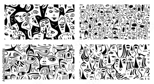 Abstract doodle patterns with faces and eyes set, surreal hand drawn textures and character backgrounds, black and white artistic scribble illustrations