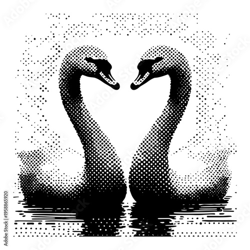 Romantic swan couple silhouette with halftone dot pattern, elegant pair of birds forming heart shape for wedding or anniversary, black and white artistic nature illustration