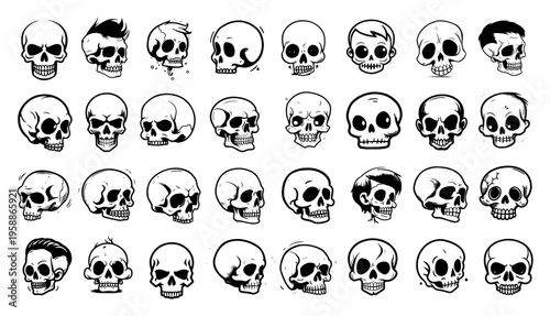 Skull icons and character collection, mega set of spooky human skulls with different expressions, black and white gothic tattoo and halloween doodle elements
