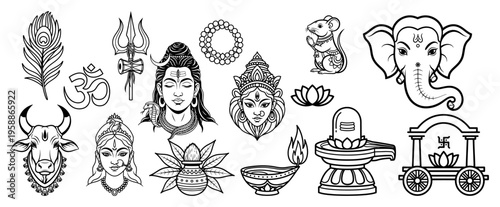 Hindu deity and religious symbols set, Ganesha Shiva and Durga icons, Indian spiritual Buddhism and Hinduism elements for yoga and meditation logo design